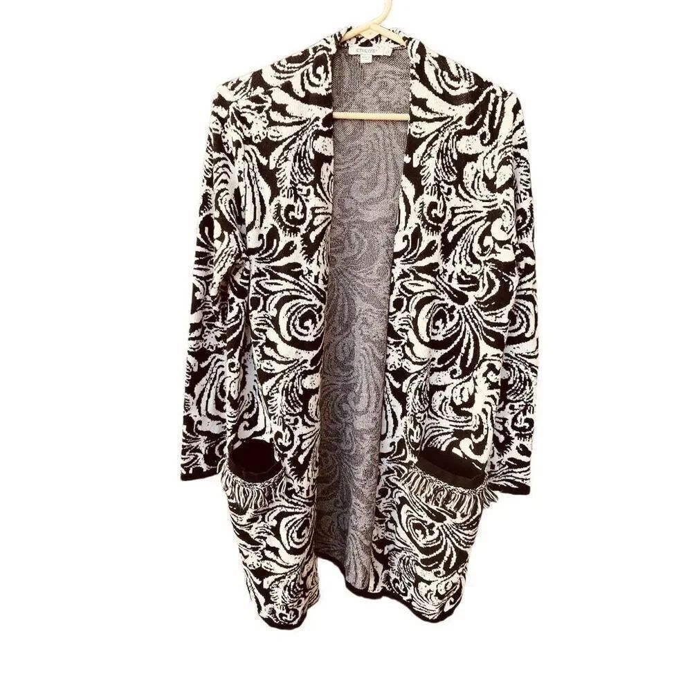 Chico’s size M abstract floral cardigan fringe pockets.